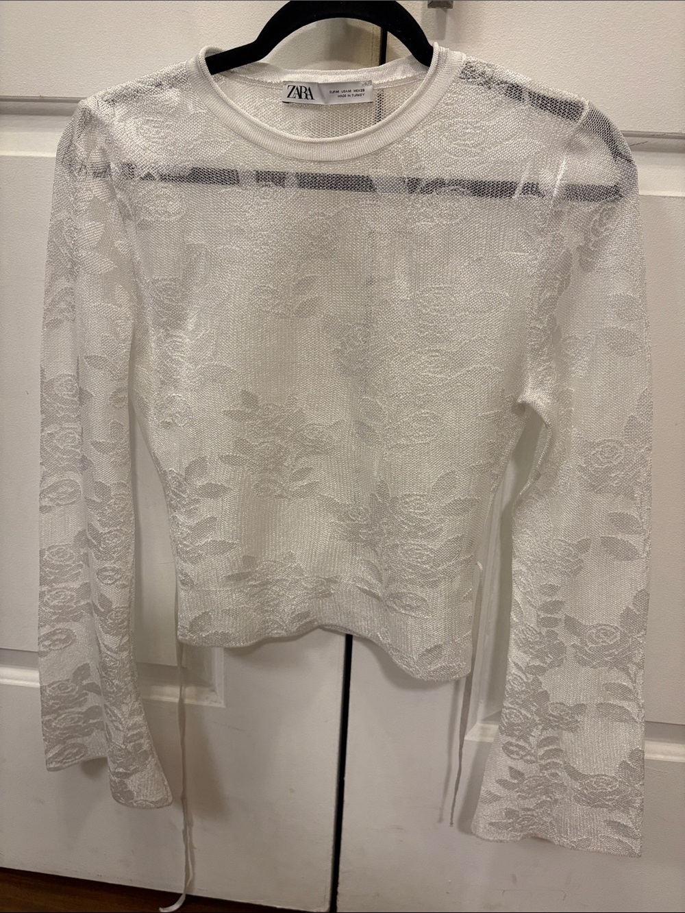 Zara White Floral Lace Long-Sleeve Top